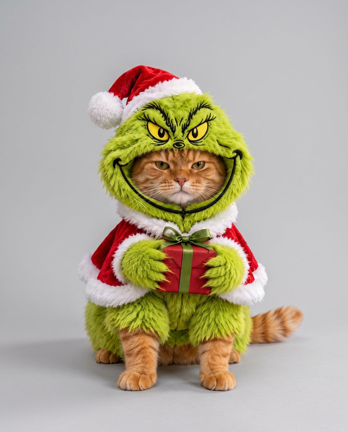 Holiday Grouch cat costume on a ginger cat, front view