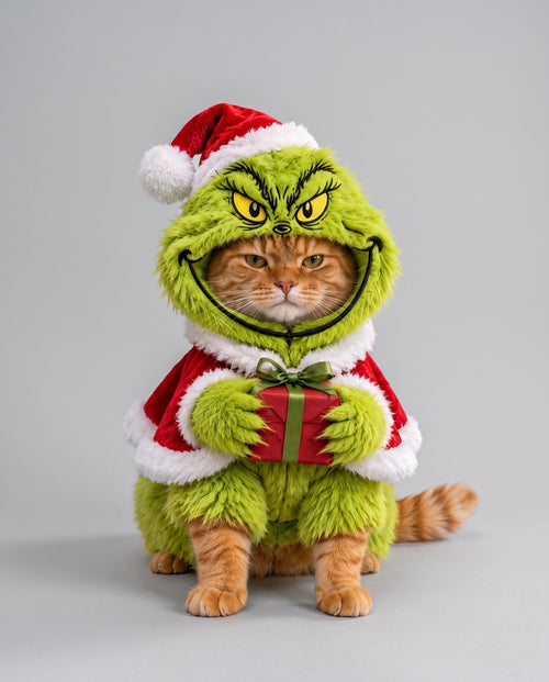 Holiday Grouch cat costume on a ginger cat, front view
