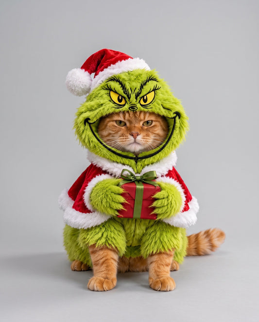 Holiday Grouch cat costume on a ginger cat, front view