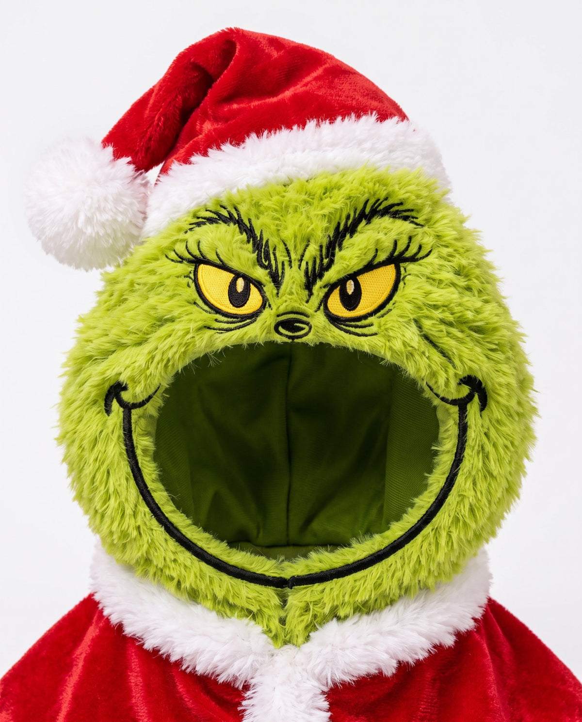 Hood detail: embroidered eyes, grin opening, Santa hat
